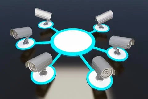 Video camera group is connected to server Stock Illustration