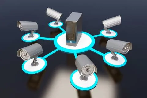 Video camera group is connected to server Stock Illustration