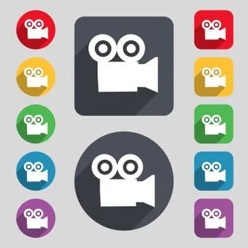 Video camera icon sign. A set of 12 colored buttons and a long shadow. Flat d イラスト素材