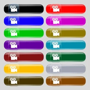 Video camera icon sign. Set from fourteen multi-colored glass buttons with pl Stock Illustration