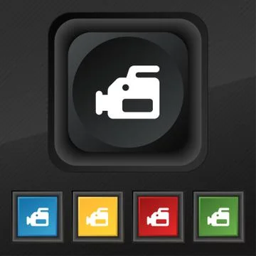 Video camera icon symbol. Set of five colorful, stylish buttons on black texture Ilustración de archivo