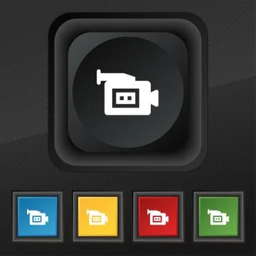 Video camera icon symbol. Set of five colorful, stylish buttons on black texture Ilustración de archivo
