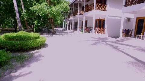 Video of camera moving along white sand path. Green plants, palm trees and Video stock 126610508