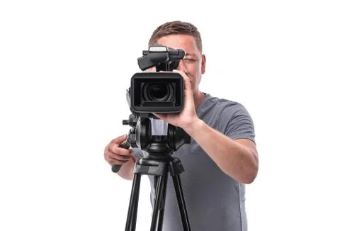 Video camera operator isolated on a white background. Stock Photos