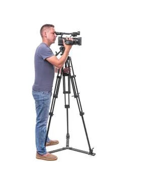 Video camera operator isolated on a white background. Stock Photos