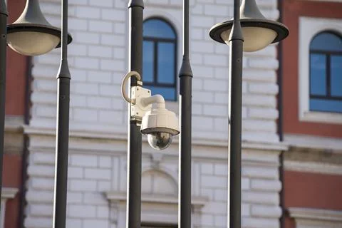 Video camera placed in the city for control Stock Photos