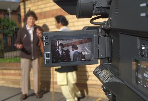 A Video Camera Set and Lined up for a Scene on Location. Stock Photos