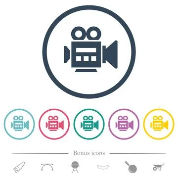 Video camera side view flat color icons in round outlines Stock Illustration
