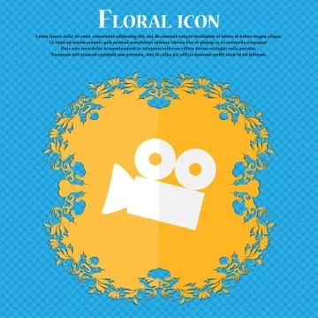 Video camera sign icon. content button. Floral flat design on a blue abstract Stock Illustration