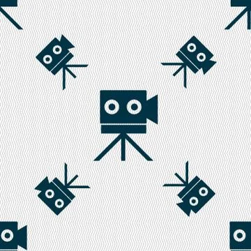 Video camera sign icon.content button. Seamless pattern with geometric texture. Illustrazione stock