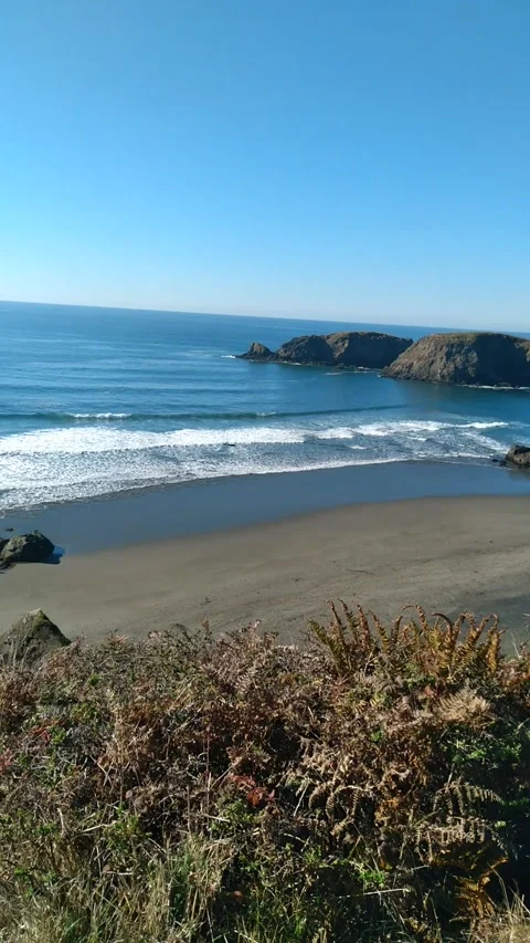 A video captures a deserted beach with waves, mountains, and trees Stock Footage 316107716