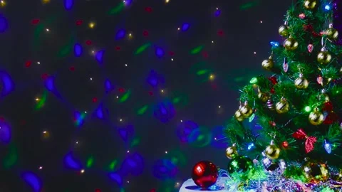 Video card on the background of flying animation new year green tree Stock Footage 144570636
