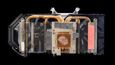 Video card cooling system, full-sized video card radiator, on a black backgro Stock Photos