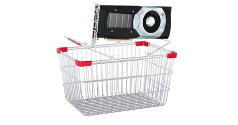 Video card, GPU adding to shopping basket, 3d animation. 3D rendering Stock Footage 169308152