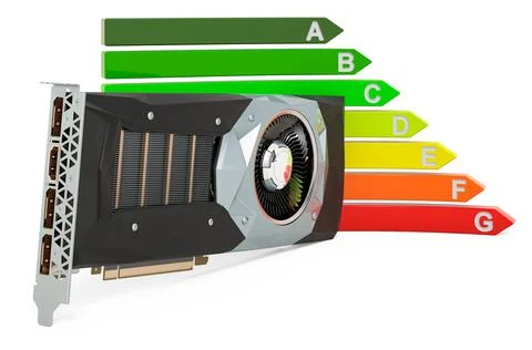 Video card, GPU with energy efficiency chart, 3D rendering Stock Illustration