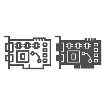 Video card line and solid icon. Circuit board with integrated memory and gpu Stock Illustration
