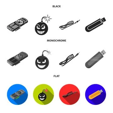 Video card, virus, flash drive, cable. Personal computer set collection icons in 스톡 일러스트