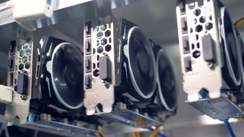 Video cards connected to the computer, bitcoin mining concept. Stock Footage 94812036