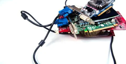 Video cards, electronic circuit, computer component, boards, isolated on whit Stock Photos