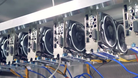 Video cards, GPU connected to the farm computer for bitcoin mining. Stock Footage 93745301