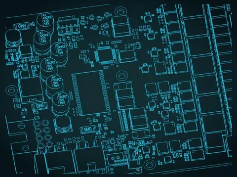Video card's PCB and its components close-up isometric blueprint Illustrazione stock