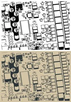 Video card's PCB and its components close-up Illustrazione stock