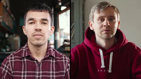 Video chat communication during lockdown. Young men having video call, friends Stock Footage 166323142