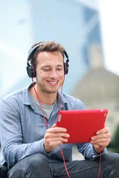 Video chat conversation - man talking on tablet pc Stock Photos