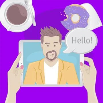 Video chat with a man. Breakfast top view concept Stock Illustration