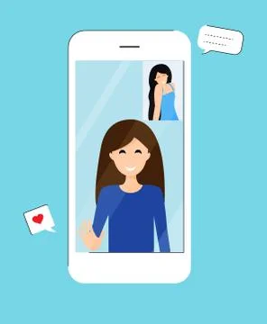 Video chat on smartphone, two girlfriends speaking with each other online. Stock Illustration