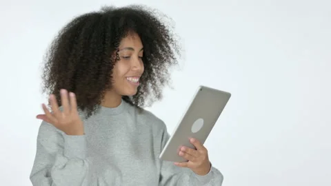 Video Chat on Tablet by Young African Woman, White Background 스톡 동영상 141684073