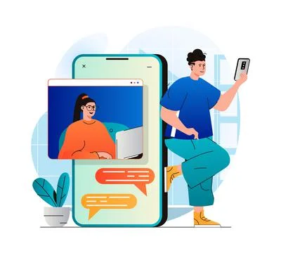 Video chatting concept in modern flat design. Man and woman communicate by video Stock Illustration