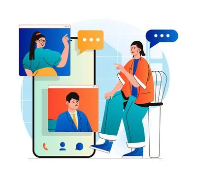 Video chatting concept in modern flat design. Friends communicate by group video Stock Illustration