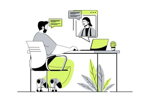 Video chatting web concept with flat cartoon people for website design. Man t 스톡 일러스트