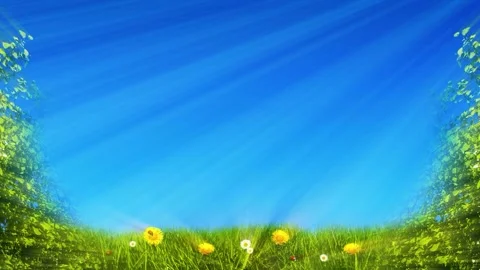 Video clip composition shows a lush green and blue springtime scenery with grass Stock Footage 160602933