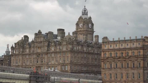 Video of a clock tower, castle, and ancient buildings in Edinburgh, Scotland Stock Footage 242188352