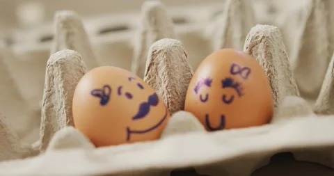 Video of close up of two brown eggs with drawn faces in egg carton background Stock Footage 338059290