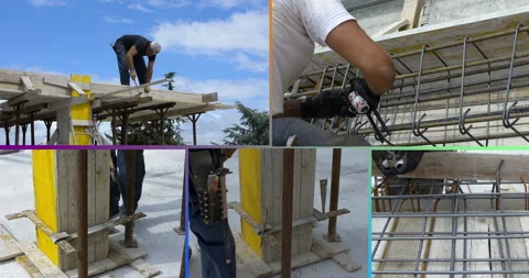 Video collage with carpenter performing formwork work for reinforced concrete Vídeos de archivo 283461101