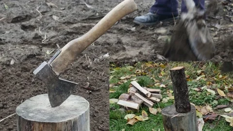 Video collage of digging the ground with a shovel and chopping wood with an Stock-Footage 225232292