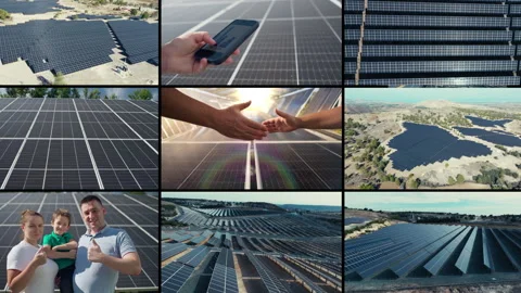 Video collage environmental protection installation of ecological solar panels Vídeos de archivo 307076704