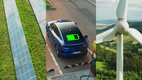 Video collage featuring a wind farm, solar panels, and an electric car being Video stock 285628619