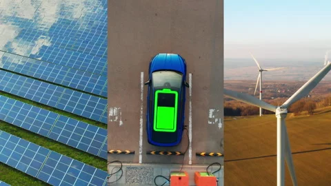 Video collage featuring a wind farm, solar panels, and an electric car being Video stock 285947431