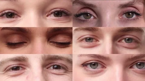 Video collage made of close-up images of different people's eyes. Young men and Stock Footage 243287306