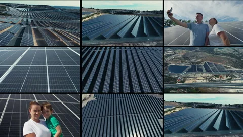 Video collage panorama solar panels ecological electricity. Vídeos de archivo 294408535