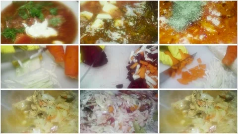 Video collage of the process of making homemade red borscht (a popular dish Vídeos de archivo 231339096