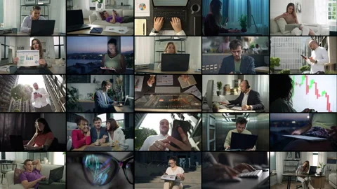 Video collage of remote work: People using laptops in cafes, at home Stock Footage 307075834