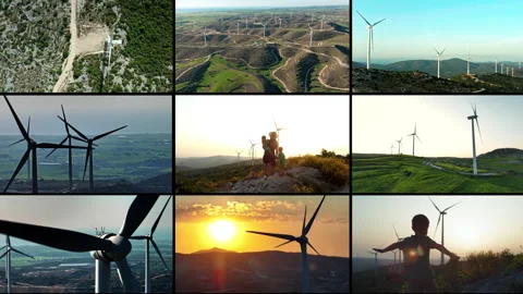 Video collage of windmills, ecological electricity, power stations. Vídeos de archivo 307076726