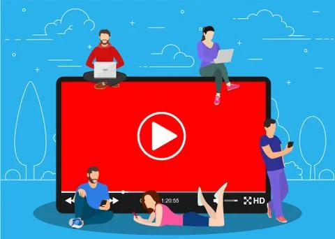 Video concept. people using mobile gadgets, Illustrazione stock