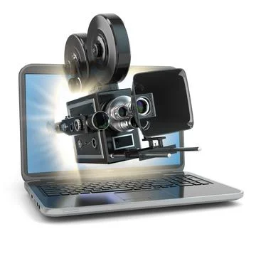 Video concept. Retro camera and laptop. Video concept. Retro camera and la... Stock Photos