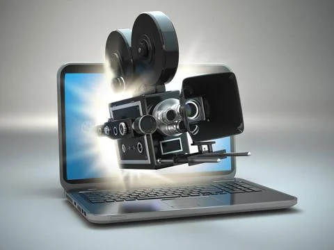 Video concept. Retro camera and laptop. Video concept. Retro camera and la... Stock Photos